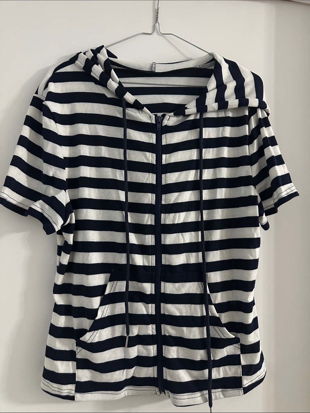 SHEIN Navy and White Striped Short-Sleeve Zip Hoodie
